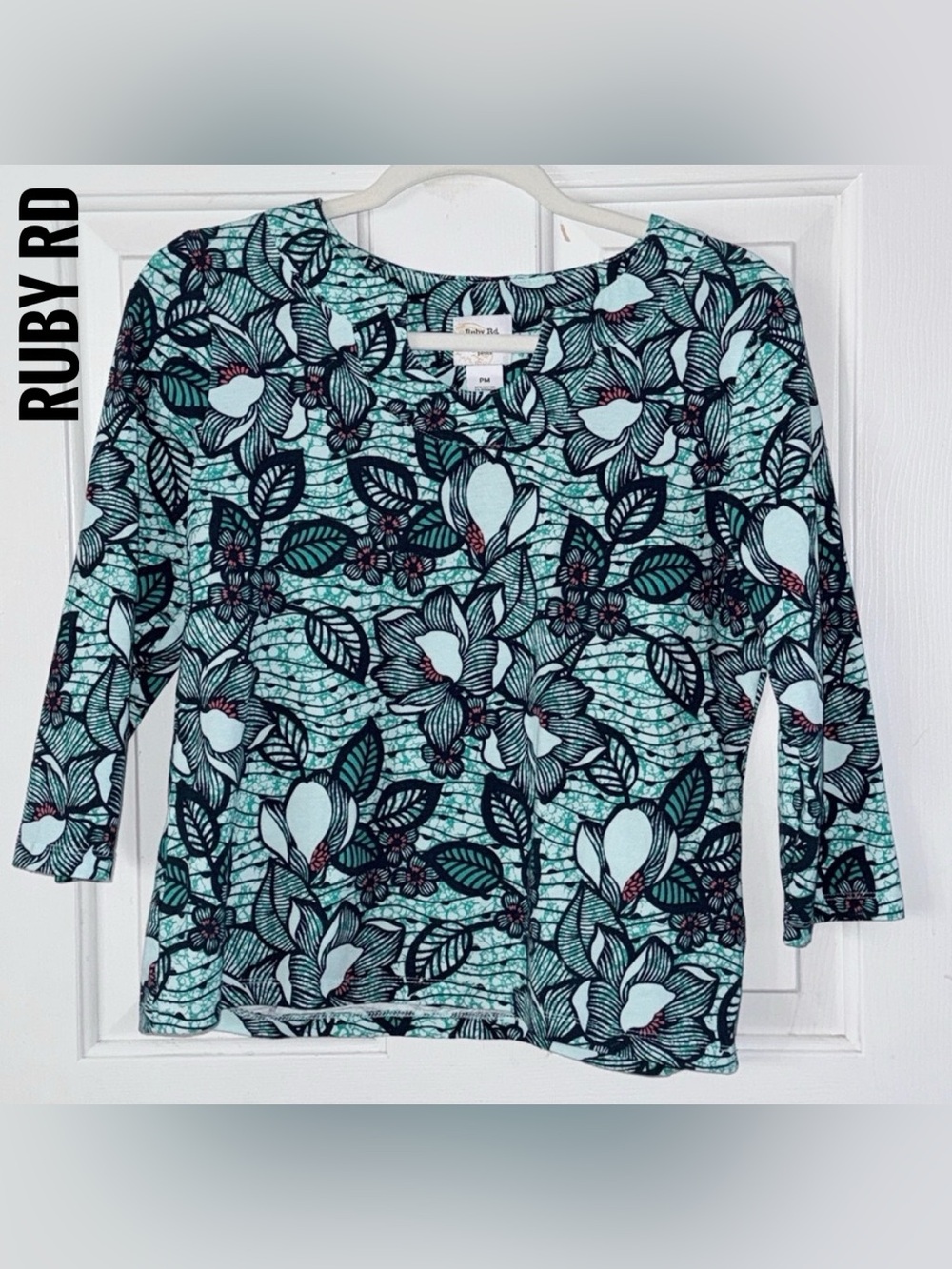 Ruby Rd. Teal and Black Floral 3/4 Sleeve Top. Sz PM